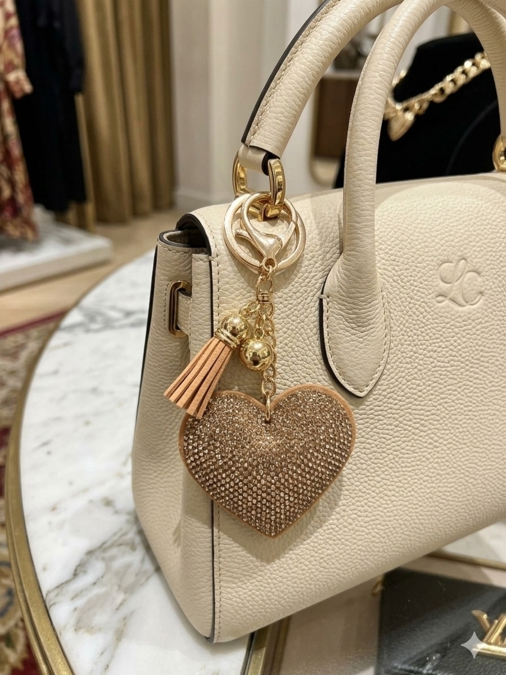 Gold Tone Brown Heart Tassel Keychain Charm